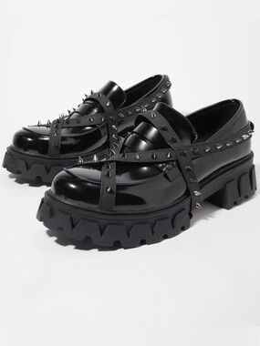 Women's Black Spiked Platform Loafers - Chunky Punk Slip-Ons Size 10